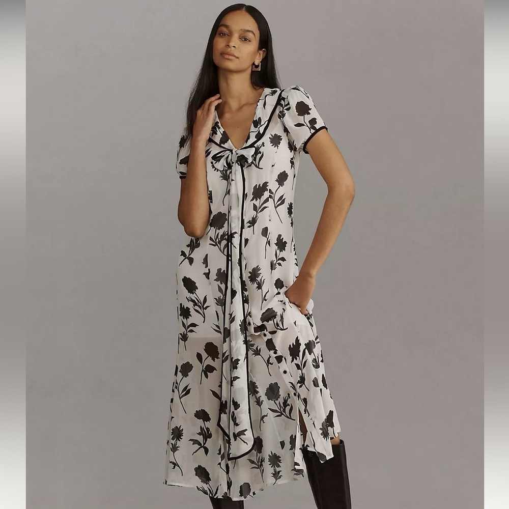Anthropologie Meave Floral Black White Maeve Short-Sleeve Tie-Neck Shirt Dress